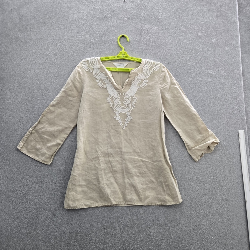 Allison Taylor Women Blouse L Beige Linen Embroidered V-Neck Fairy Grunge